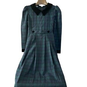 1990s Bonnie Jean New York Girls Plaid Dress - Black Velvet Trim - Size 14